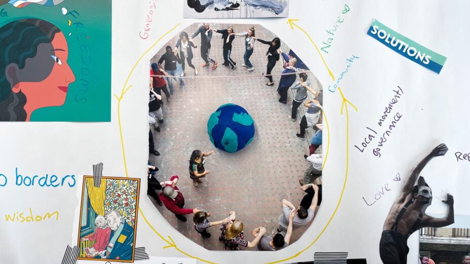 Collage created by participants from our first exploratory session, featuring the words love, journey, wisdom, community, nature and change